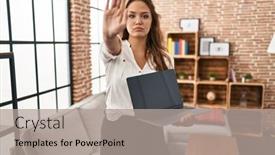  Presentation with laptop blank screen - Theme featuring young-hispanic-woman-using-laptop background and a light gray colored foreground