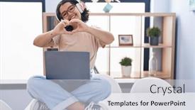  Presentation with love heart - Slides featuring young-hispanic-woman-using-laptop background and a light gray colored foreground