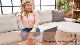  Presentation with ear - Slide deck having young-hispanic-woman-using-laptop background and a coral colored foreground