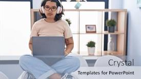  Presentation with laptop - Slide deck featuring young-hispanic-woman-using-laptop background and a  colored foreground