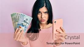  Presentation with states - Colorful PPT theme enhanced with young-hispanic-woman-using-smartphone backdrop and a coral colored foreground