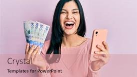  Presentation with smartphone - PPT theme featuring young-hispanic-woman-using-smartphone background and a coral colored foreground