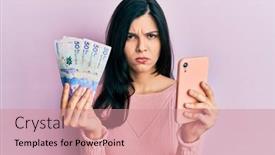  Presentation with smartphone - Beautiful slide set featuring young-hispanic-woman-using-smartphone backdrop and a coral colored foreground