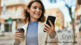  Presentation with smartphone - Slide set consisting of young-hispanic-woman-using-smartphone background and a coral colored foreground