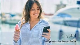  Presentation with ice cream - Colorful theme enhanced with young-hispanic-woman-using-smartphone backdrop and a light blue colored foreground