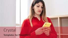  Presentation with smartphone - PPT theme featuring young-hispanic-woman-using-smartphone background and a crimson colored foreground