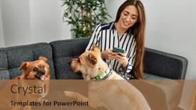  Presentation with smartphone - PPT theme featuring young-hispanic-woman-using-smartphone background and a coral colored foreground