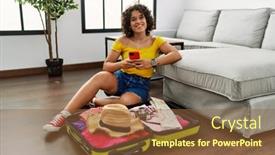  Presentation with smartphone - Slide deck with young-hispanic-woman-using-smartphone background and a  colored foreground