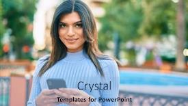  Presentation with smartphone - Slide deck featuring young-hispanic-woman-using-smartphone and a light blue colored foreground