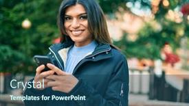  Presentation with smartphone - PPT theme consisting of young-hispanic-woman-using-smartphone background and a ocean colored foreground