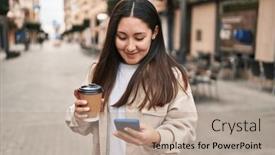  Presentation with smartphone - Slide deck featuring young-hispanic-woman-using-smartphone background and a coral colored foreground