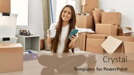  Presentation with new home - Slide set with young-hispanic-woman-using-smartphone background and a coral colored foreground