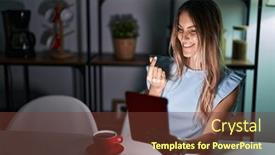  Presentation with salary - Slide set with young-hispanic-woman-using-touchpad background and a tawny brown colored foreground
