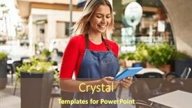  Presentation with waitress - Slide deck featuring young-hispanic-woman-waitress-smiling background and a violet colored foreground