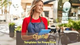  Presentation with confident young hispanic woman - Slide deck featuring young-hispanic-woman-waitress-smiling background and a violet colored foreground