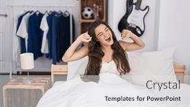  Presentation with hispanic - Presentation theme with young-hispanic-woman-waking-up background and a white colored foreground