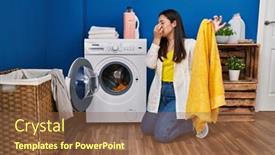  Presentation with laundry room - Presentation design having young-hispanic-woman-washing-clothes background and a tawny brown colored foreground