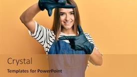  Presentation with barber - Cool new PPT theme with young-hispanic-woman-wearing-barber backdrop and a gold colored foreground