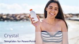  Presentation with sunscreen - PPT theme with young-hispanic-woman-wearing-bikini background and a sky blue colored foreground