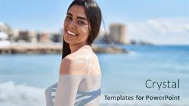  Presentation with lotion - Presentation theme featuring young-hispanic-woman-wearing-bikini background and a light blue colored foreground