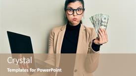  Presentation with puffing - PPT theme with young-hispanic-woman-wearing-business background and a coral colored foreground