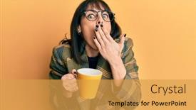  Presentation with cup coffee - Slide deck consisting of young-hispanic-woman-wearing-business background and a yellow colored foreground