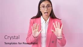  Presentation with panic - Theme featuring young-hispanic-woman-wearing-business background and a coral colored foreground