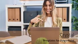  Presentation with call center - Presentation theme with young-hispanic-woman-wearing-call background and a coral colored foreground