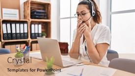  Presentation with secret agent - Presentation theme having young-hispanic-woman-wearing-call background and a coral colored foreground