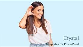  Presentation with listening woman - Presentation design with young-hispanic-woman-wearing-casual background and a sky blue colored foreground