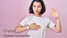  Presentation with hand palm - PPT layouts with young-hispanic-woman-wearing-casual background and a soft green colored foreground