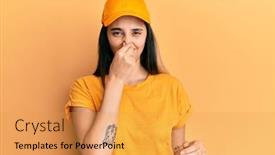  Presentation with breath - Beautiful PPT theme featuring young-hispanic-woman-wearing-delivery backdrop and a yellow colored foreground