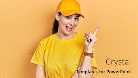  Presentation with finger - Colorful presentation theme enhanced with young-hispanic-woman-wearing-delivery backdrop and a yellow colored foreground
