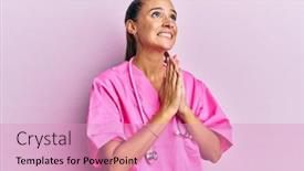  Presentation with praying hands - PPT theme featuring young-hispanic-woman-wearing-doctor background and a coral colored foreground
