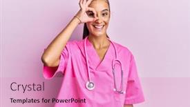  Presentation with eye doctor - PPT theme enhanced with young-hispanic-woman-wearing-doctor background and a coral colored foreground