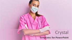  Presentation with medical smiling doctor - Cool new slide deck with young-hispanic-woman-wearing-doctor backdrop and a lemonade colored foreground