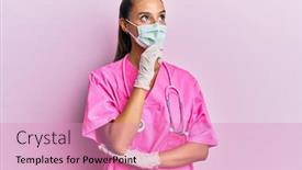  Presentation with new client interview wearing mask - Colorful slide set enhanced with young-hispanic-woman-wearing-doctor backdrop and a coral colored foreground