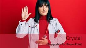  Presentation with hand palm - PPT theme consisting of young-hispanic-woman-wearing-doctor background and a red colored foreground