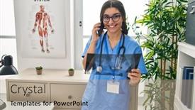  Presentation with xray - PPT theme consisting of young-hispanic-woman-wearing-doctor background and a mint green colored foreground