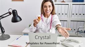  Presentation with hand palm - PPT theme consisting of young-hispanic-woman-wearing-doctor background and a  colored foreground