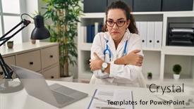  Presentation with woman sad - Slide set enhanced with young-hispanic-woman-wearing-doctor background and a mint green colored foreground