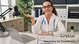  Presentation with hand palm - PPT layouts with young-hispanic-woman-wearing-doctor background and a mint green colored foreground