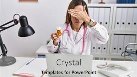  Presentation with sad woman - Slide deck enhanced with young-hispanic-woman-wearing-doctor background and a  colored foreground