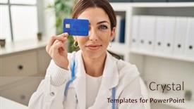  Presentation with eye doctor - PPT theme featuring young-hispanic-woman-wearing-doctor background and a  colored foreground