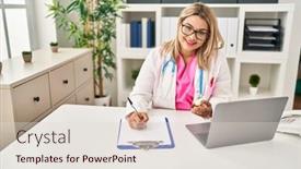  Presentation with medicine syrup - PPT layouts featuring young-hispanic-woman-wearing-doctor background and a lemonade colored foreground