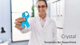  Presentation with blue ribbon - Theme with young-hispanic-woman-wearing-doctor background and a light gray colored foreground