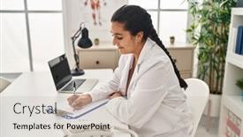  Presentation with report - Presentation theme enhanced with young-hispanic-woman-wearing-doctor background and a light gray colored foreground