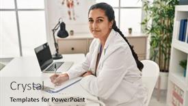  Presentation with report - Presentation theme having young-hispanic-woman-wearing-doctor background and a soft green colored foreground