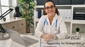  Presentation with optimistic - Presentation theme having young-hispanic-woman-wearing-doctor background and a mint green colored foreground