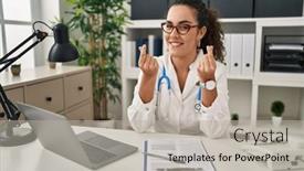 Presentation with payment - PPT theme having young-hispanic-woman-wearing-doctor background and a light gray colored foreground